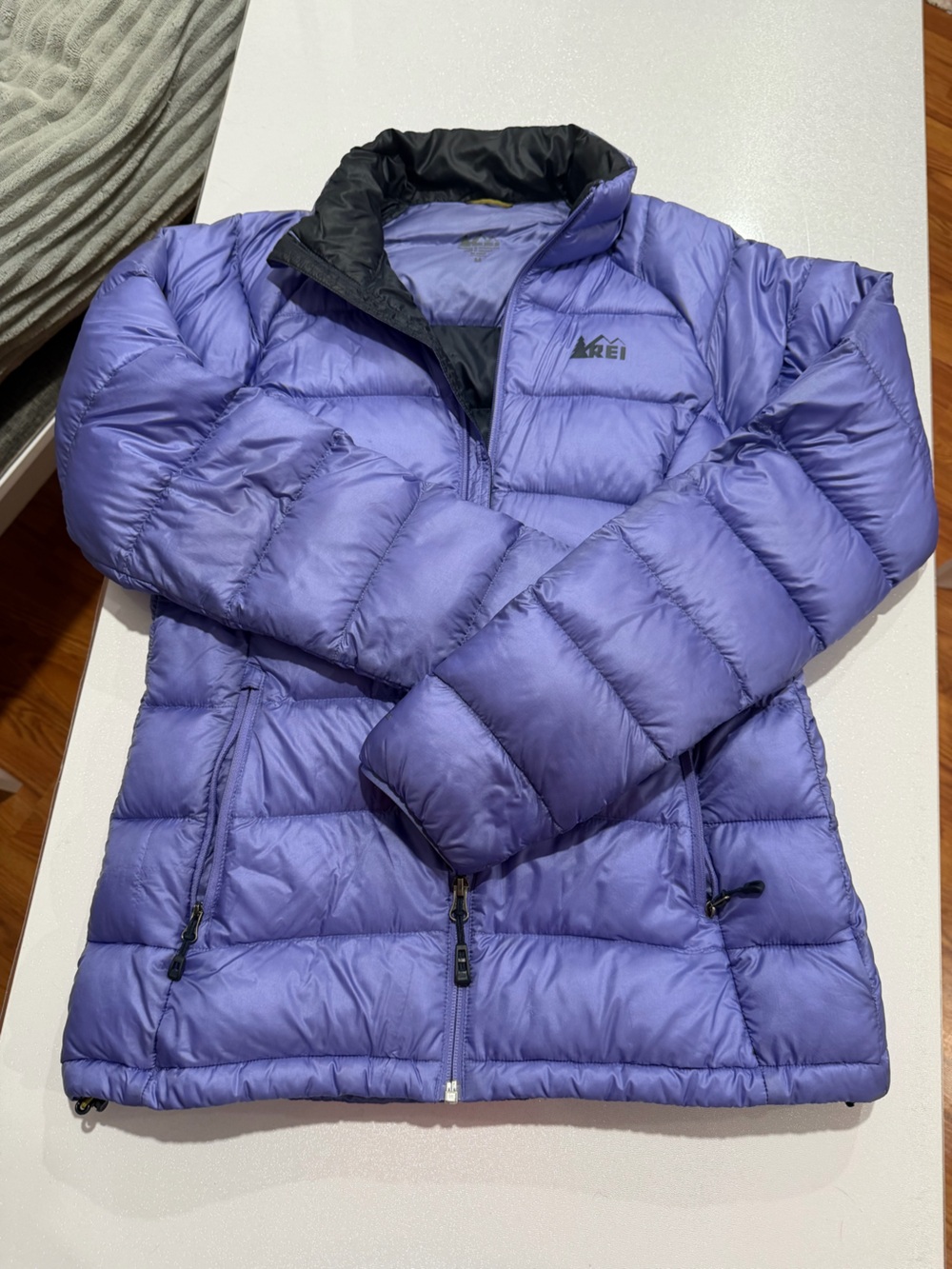 REI Purple Quilted Down Puffer Jacket with Black Trim